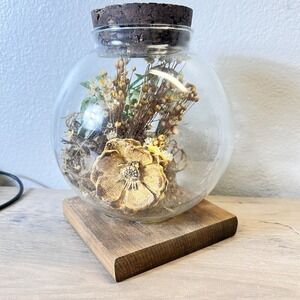 Vtg Leonard‎ Creations Glass Terrarium Dome Dried Flowers Wood Base California